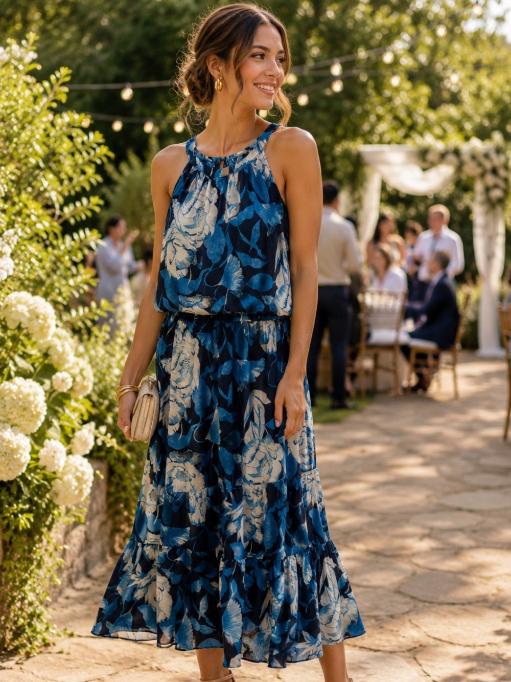 NWT Women's Navy And Light Blue Floral Halter Dress With Ruffle Hem Sz M